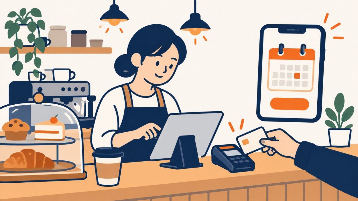 カフェのレジでキャッシュレス決済とネット予約を使う店員のイラスト